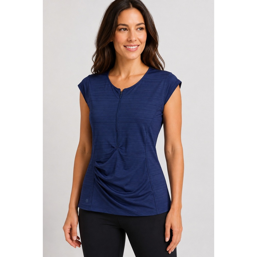 Athleta Womens Navy Blue Ruched Quarter Zip Jersey Top Size MT